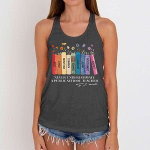 Floral Books Never Underestimate A Public School Teacher Women's Knotted Racerback Tank