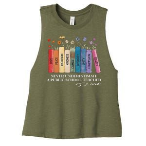 Floral Books Never Underestimate A Public School Teacher Women's Racerback Cropped Tank