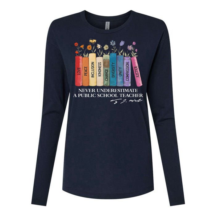 Floral Books Never Underestimate A Public School Teacher Womens Cotton Relaxed Long Sleeve T-Shirt