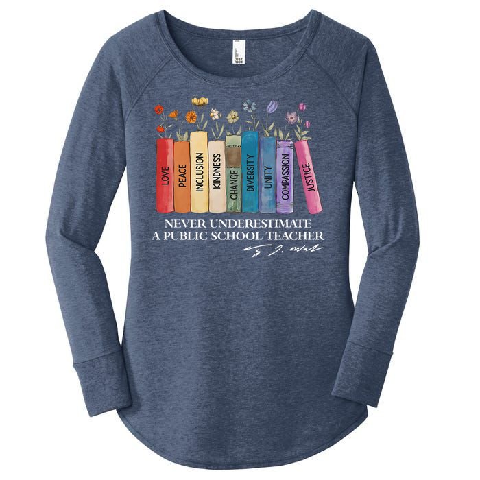 Floral Books Never Underestimate A Public School Teacher Women's Perfect Tri Tunic Long Sleeve Shirt