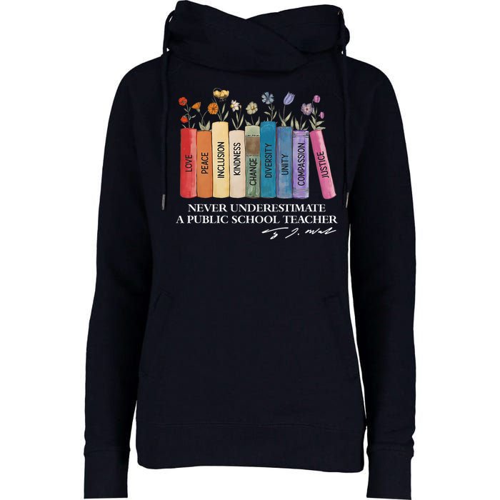 Floral Books Never Underestimate A Public School Teacher Womens Funnel Neck Pullover Hood