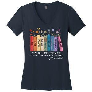 Floral Books Never Underestimate A Public School Teacher Women's V-Neck T-Shirt