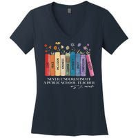 Floral Books Never Underestimate A Public School Teacher Women's V-Neck T-Shirt