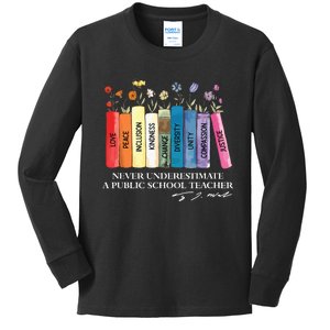 Floral Books Never Underestimate A Public School Teacher Kids Long Sleeve Shirt