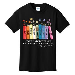 Floral Books Never Underestimate A Public School Teacher Kids T-Shirt