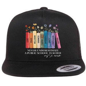 Floral Books Never Underestimate A Public School Teacher Flat Bill Trucker Hat