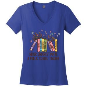 Floral Books Never Underestimate A Public School Teacher Cool Gift Women's V-Neck T-Shirt