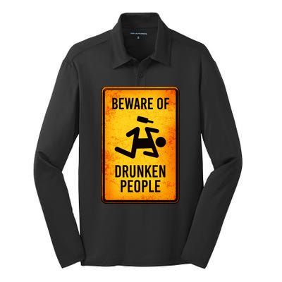 Funny Beware Of Drunken People Road Sign Silk Touch Performance Long Sleeve Polo