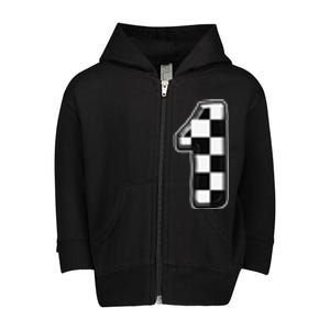 Funny Birthday One 1 Race Car 1st Birthday Racing Car Flag Toddler Zip Fleece Hoodie