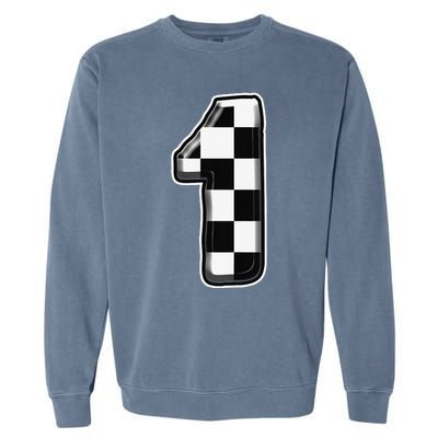 Funny Birthday One 1 Race Car 1st Birthday Racing Car Flag Garment-Dyed Sweatshirt