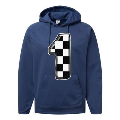 Funny Birthday One 1 Race Car 1st Birthday Racing Car Flag Performance Fleece Hoodie