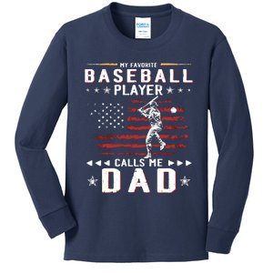 Favorite Baseball Player Calls Me Dad USA Flag Fathers Day Kids Long Sleeve Shirt