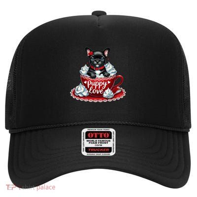 French Bulldog Puppy Love ValentineS Day Whipped Cream Gift High Crown Mesh Back Trucker Hat