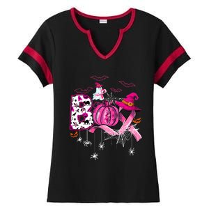 Funny Boo Pumpkin Witch Pink Ribbon Breast Cancer Halloween Ladies Halftime Notch Neck Tee