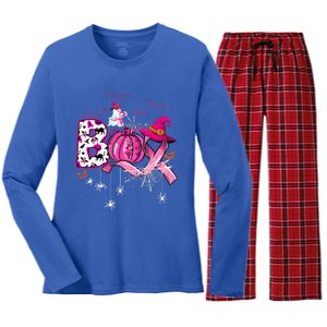 Funny Boo Pumpkin Witch Pink Ribbon Breast Cancer Halloween Women's Long Sleeve Flannel Pajama Set 