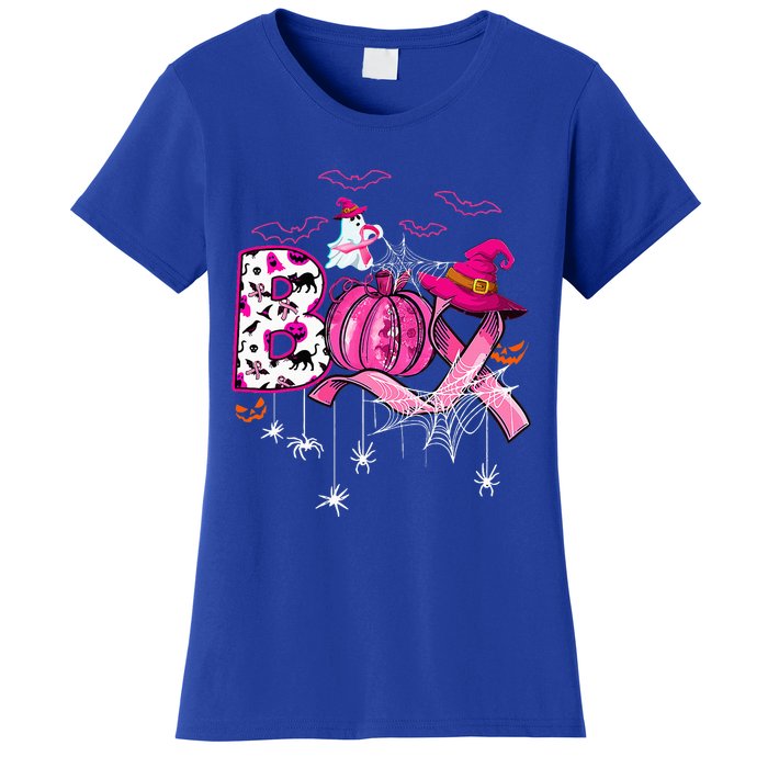 Funny Boo Pumpkin Witch Pink Ribbon Breast Cancer Halloween Women's T-Shirt