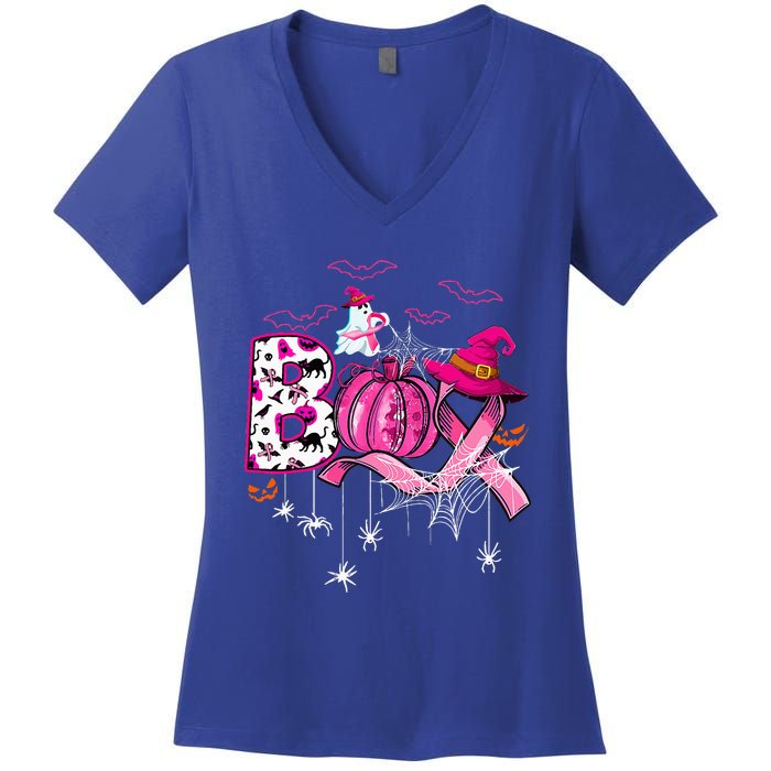 Funny Boo Pumpkin Witch Pink Ribbon Breast Cancer Halloween Women's V-Neck T-Shirt