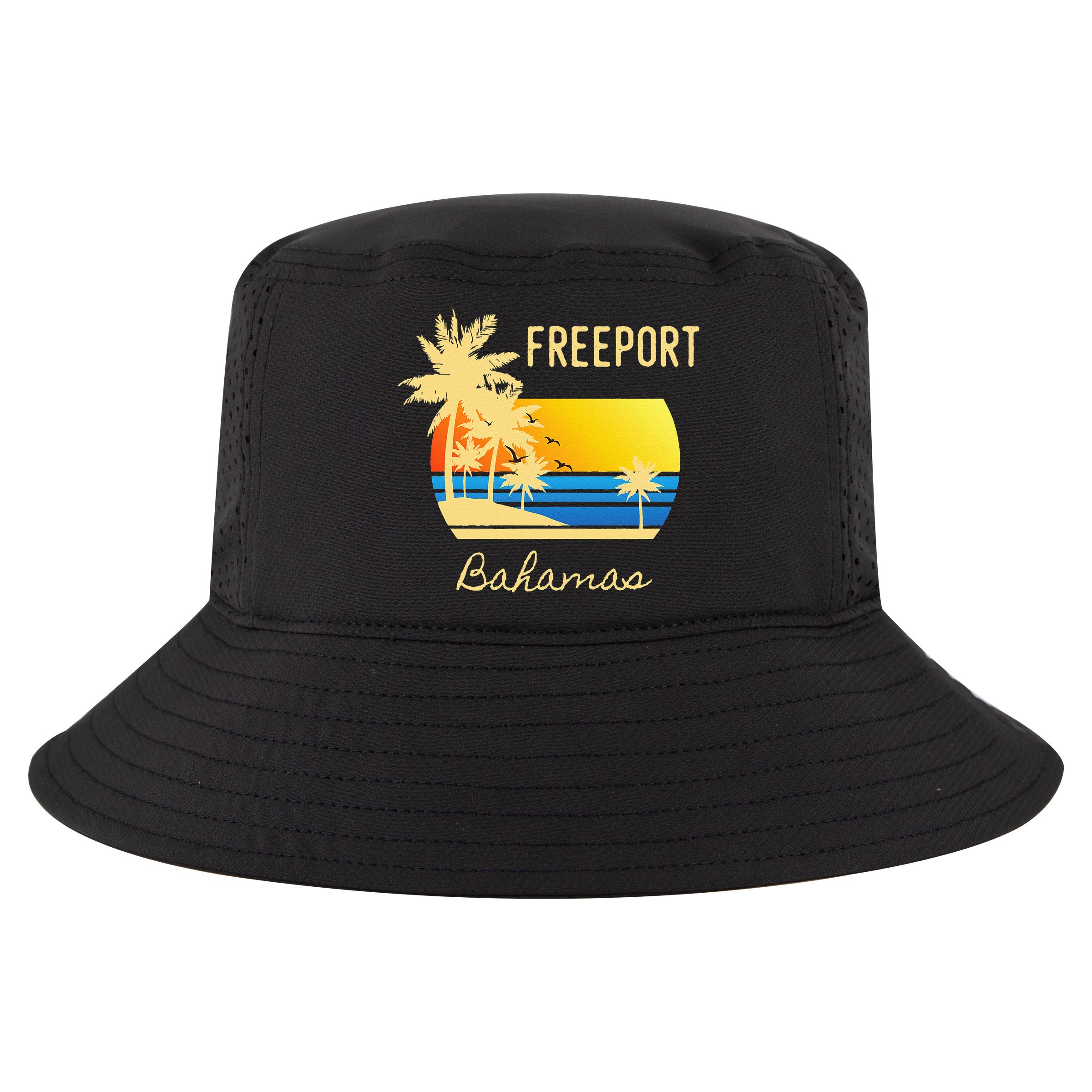 Freeport Bahamas Palm Tree Beach Retro Cool Sunset Surf Cool Comfort Performance Bucket Hat