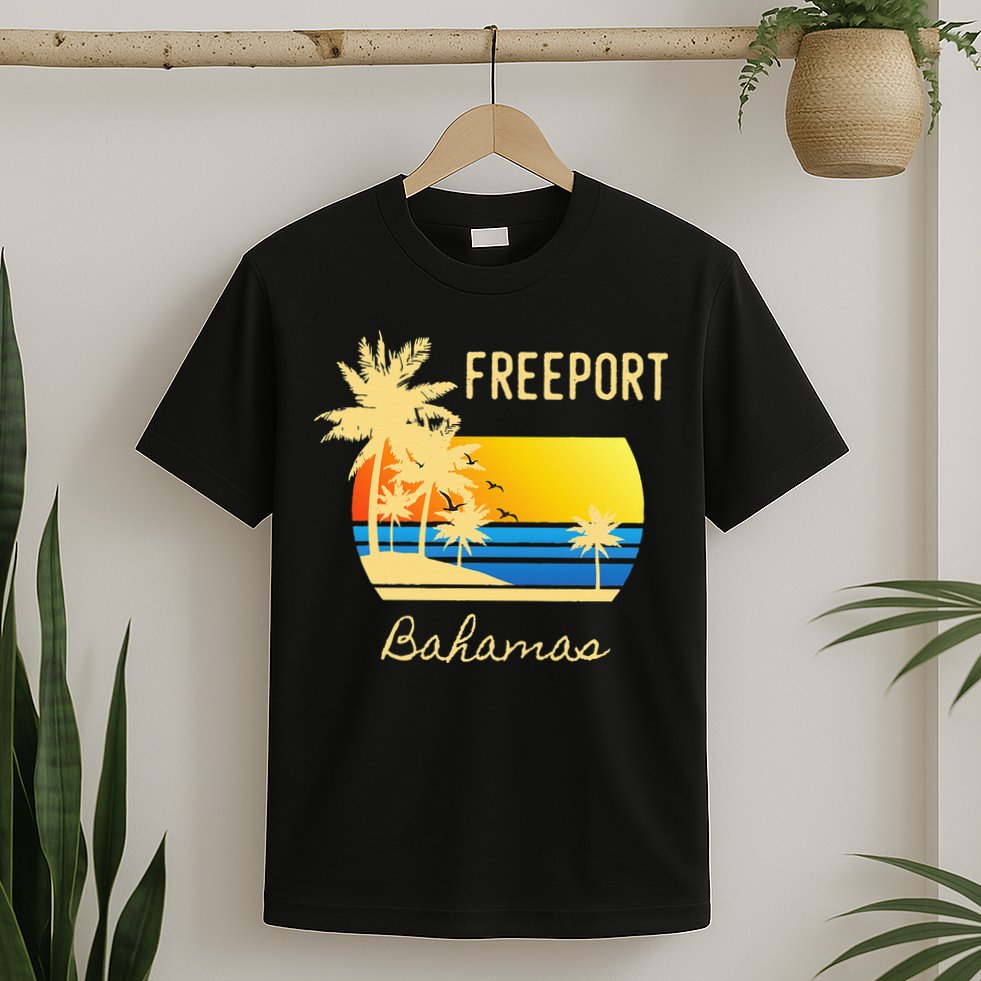 Freeport Bahamas Palm Tree Beach Retro Cool Sunset Surf T-Shirt