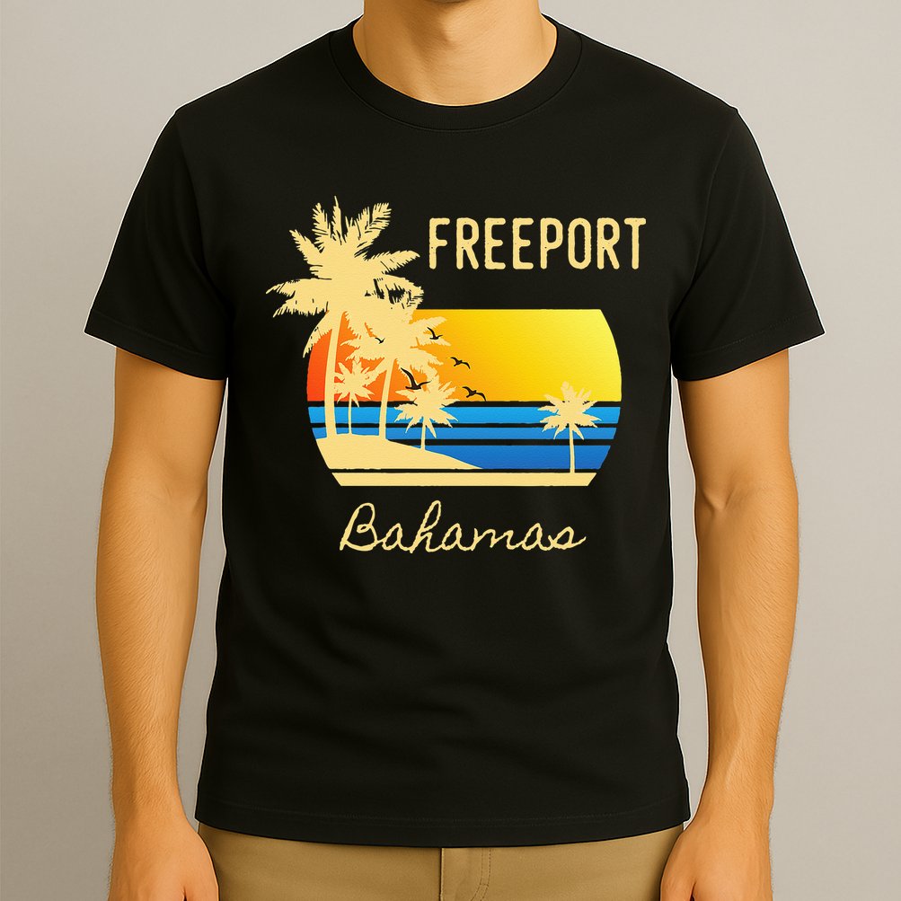 Freeport Bahamas Palm Tree Beach Retro Cool Sunset Surf T-Shirt