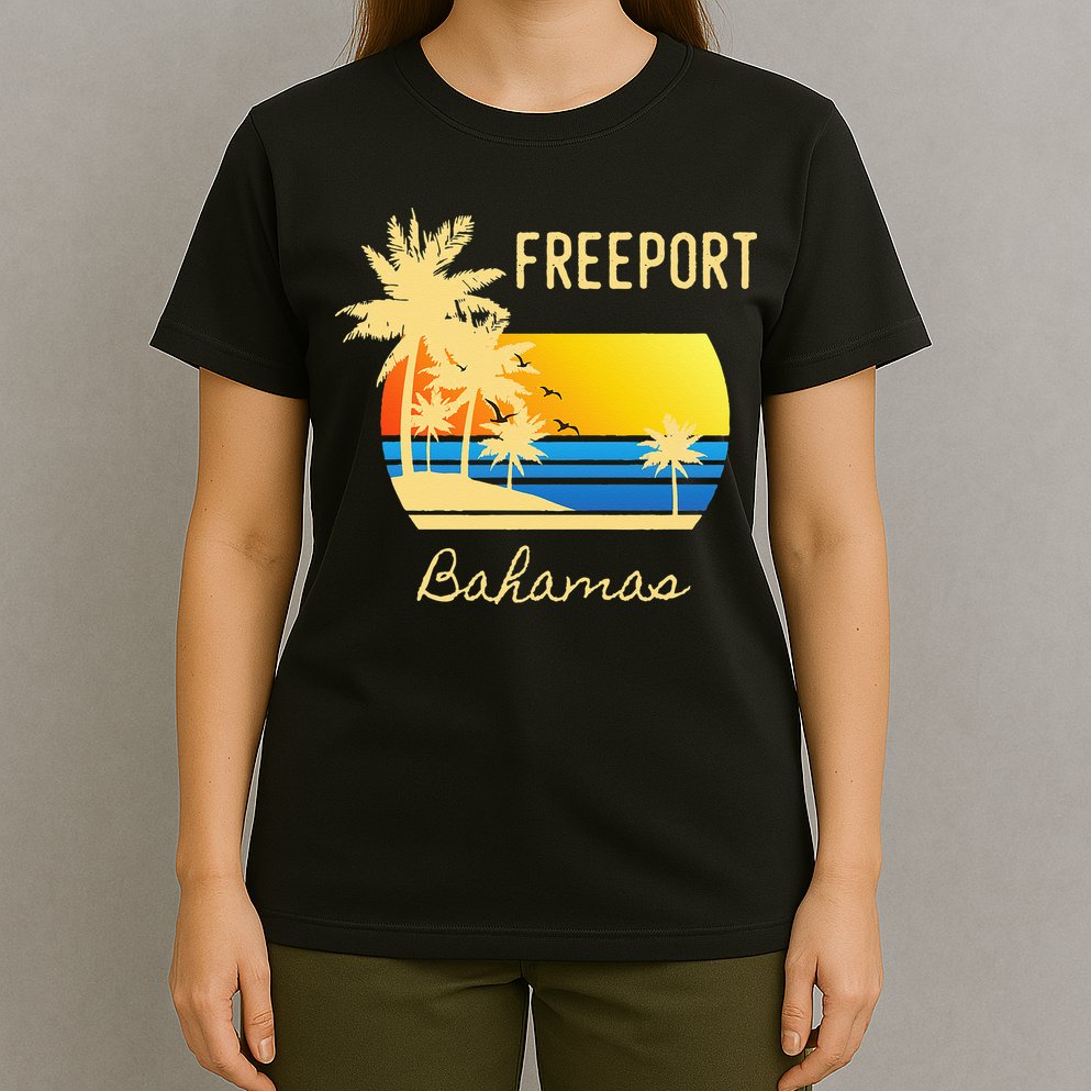 Freeport Bahamas Palm Tree Beach Retro Cool Sunset Surf T-Shirt