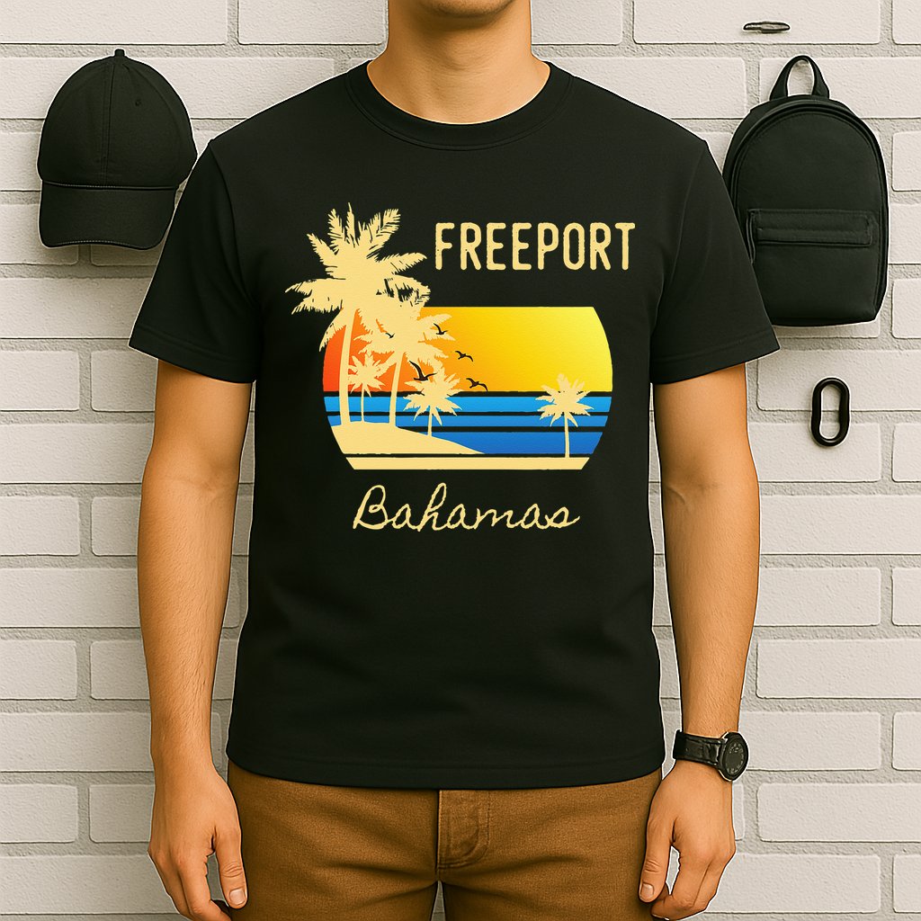 Freeport Bahamas Palm Tree Beach Retro Cool Sunset Surf T-Shirt