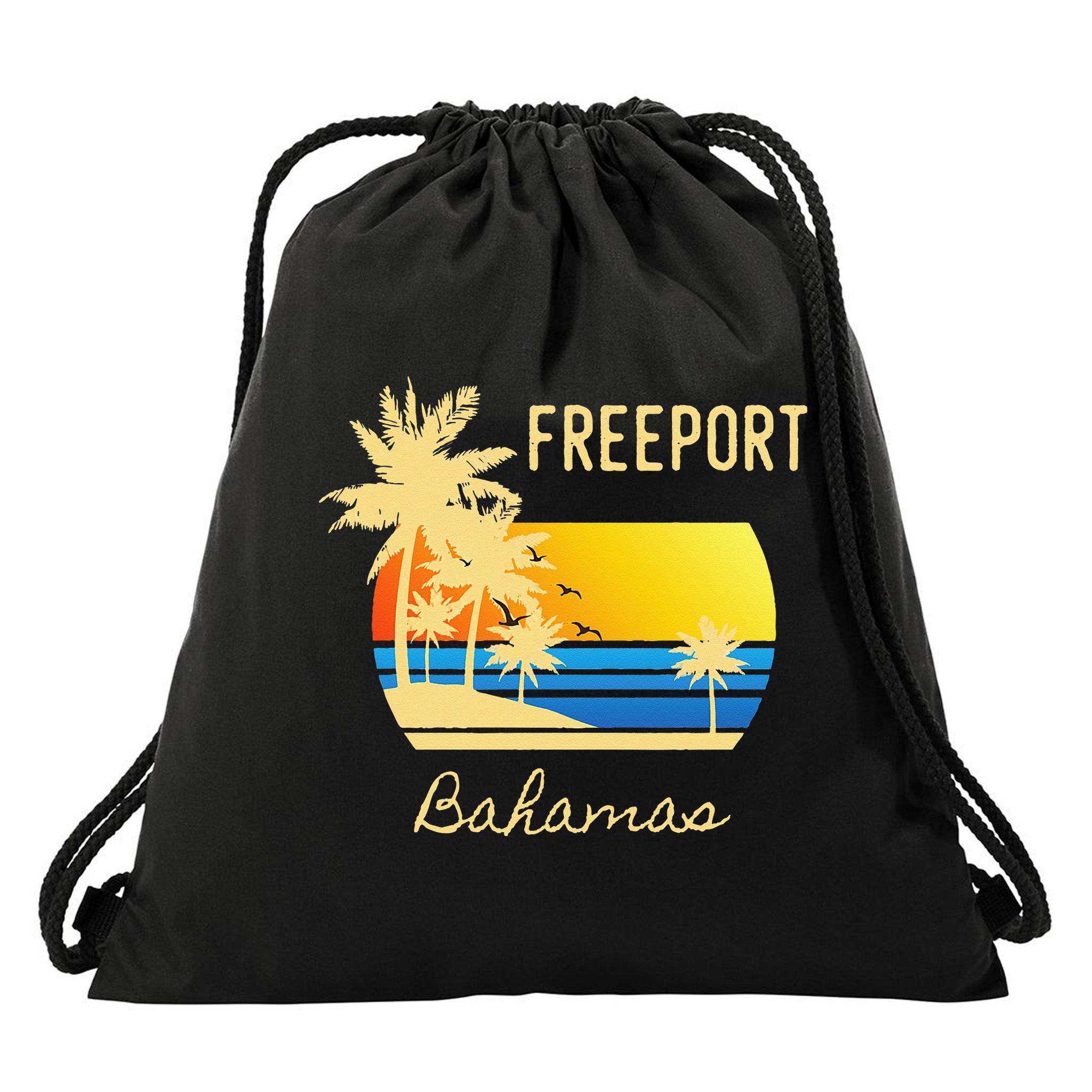 Freeport Bahamas Palm Tree Beach Retro Cool Sunset Surf Drawstring Bag