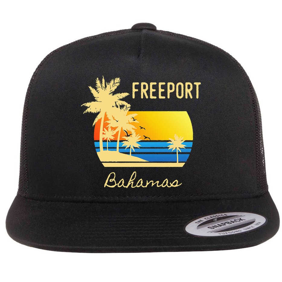 Freeport Bahamas Palm Tree Beach Retro Cool Sunset Surf Flat Bill Trucker Hat