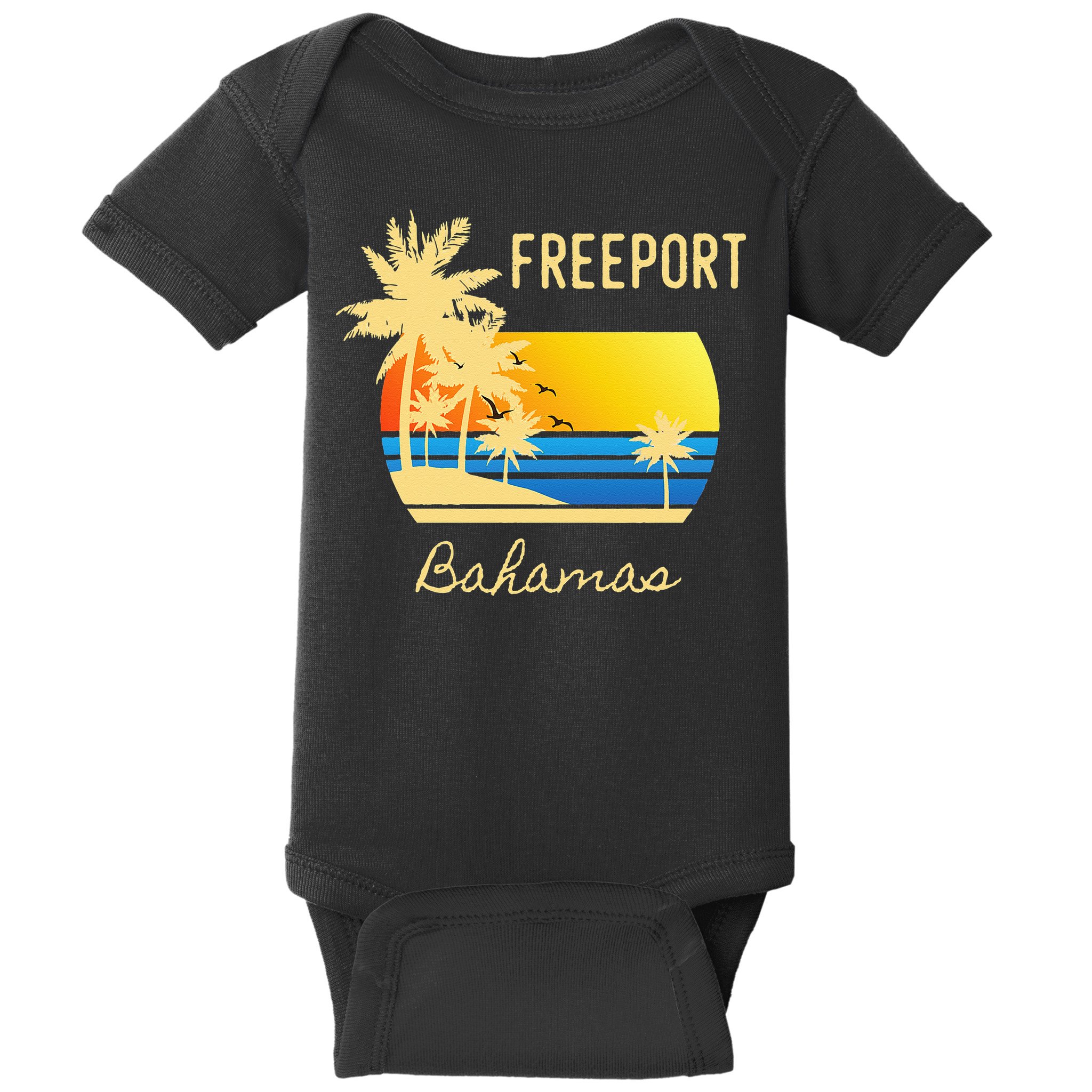 Freeport Bahamas Palm Tree Beach Retro Cool Sunset Surf Baby Bodysuit