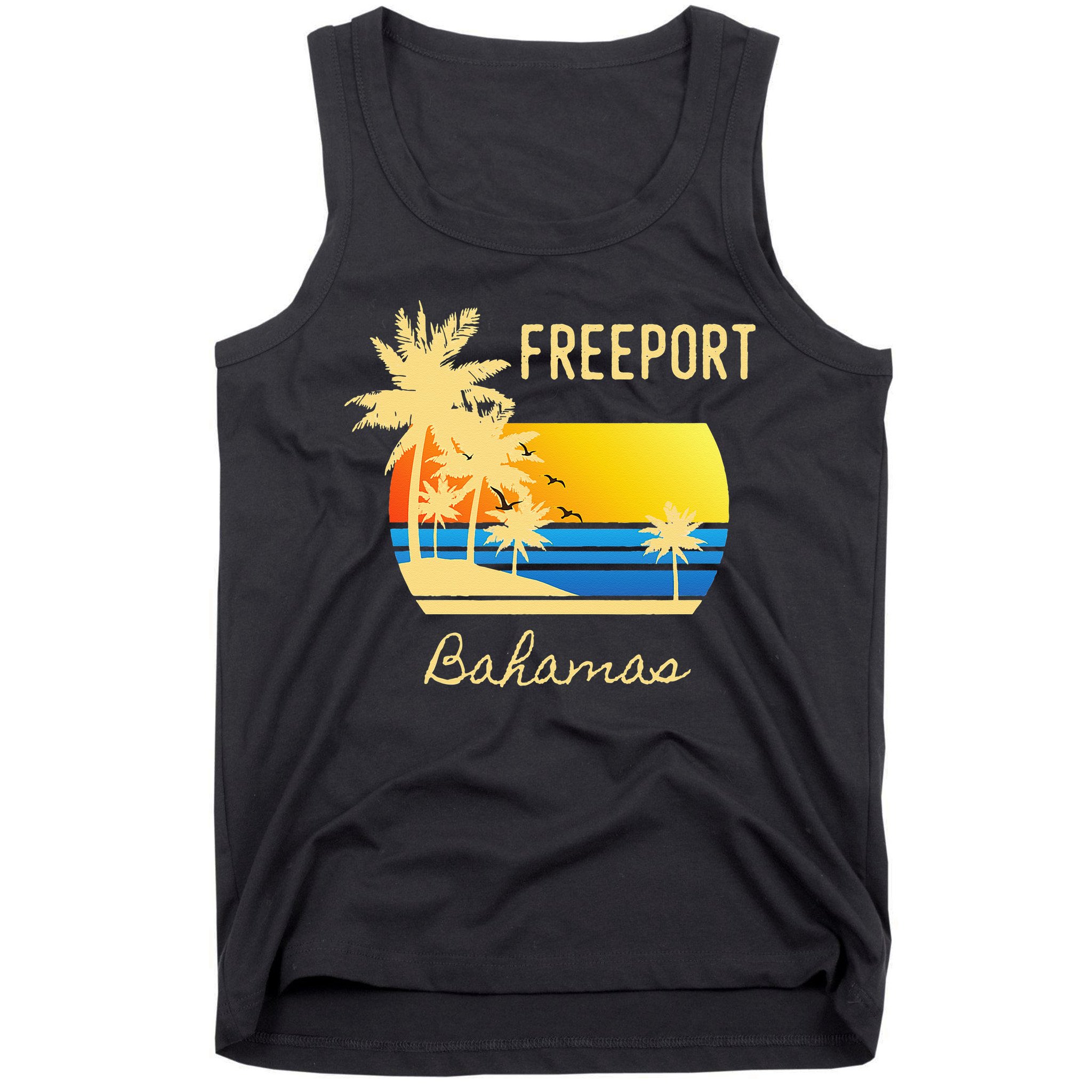 Freeport Bahamas Palm Tree Beach Retro Cool Sunset Surf Tank Top