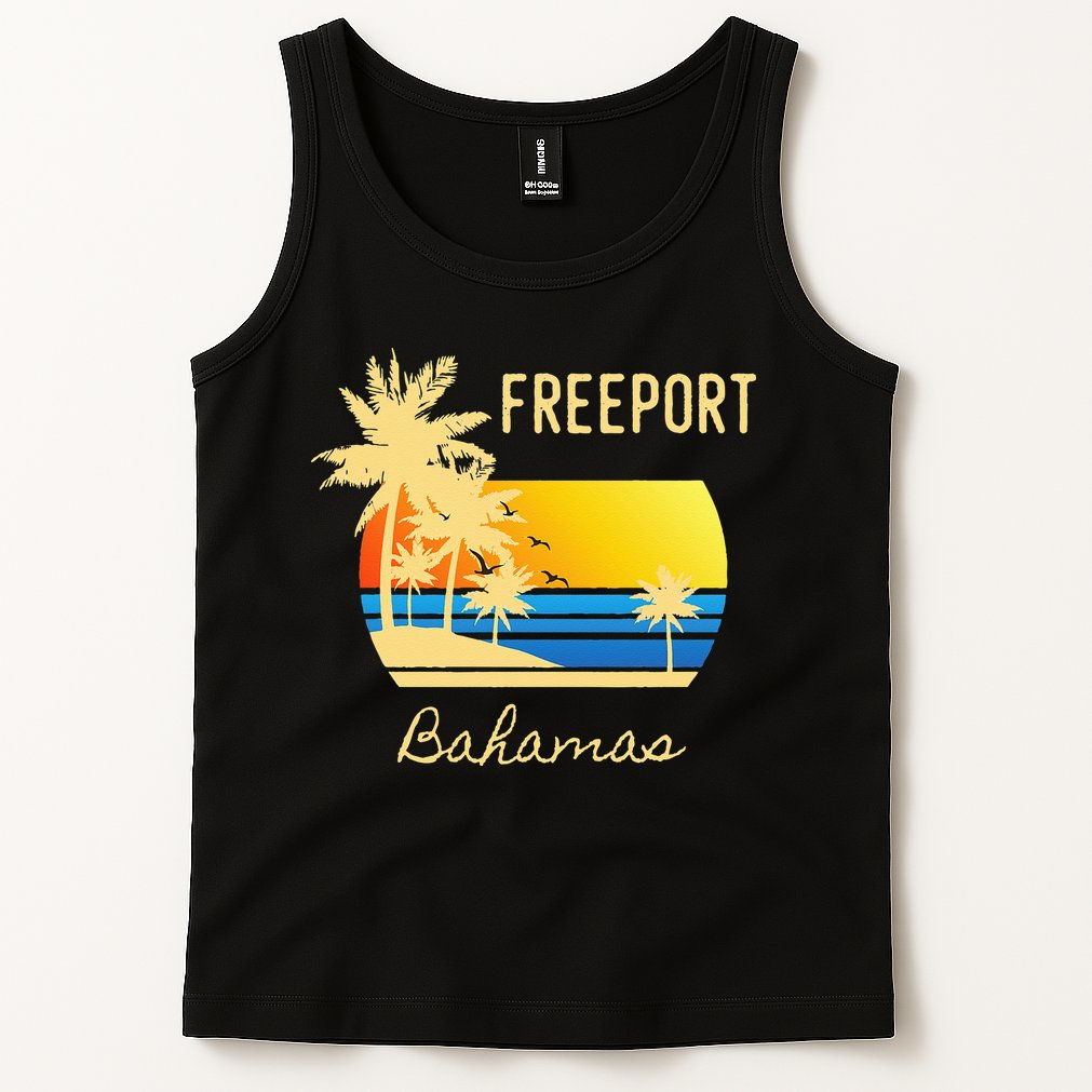 Freeport Bahamas Palm Tree Beach Retro Cool Sunset Surf Tank Top