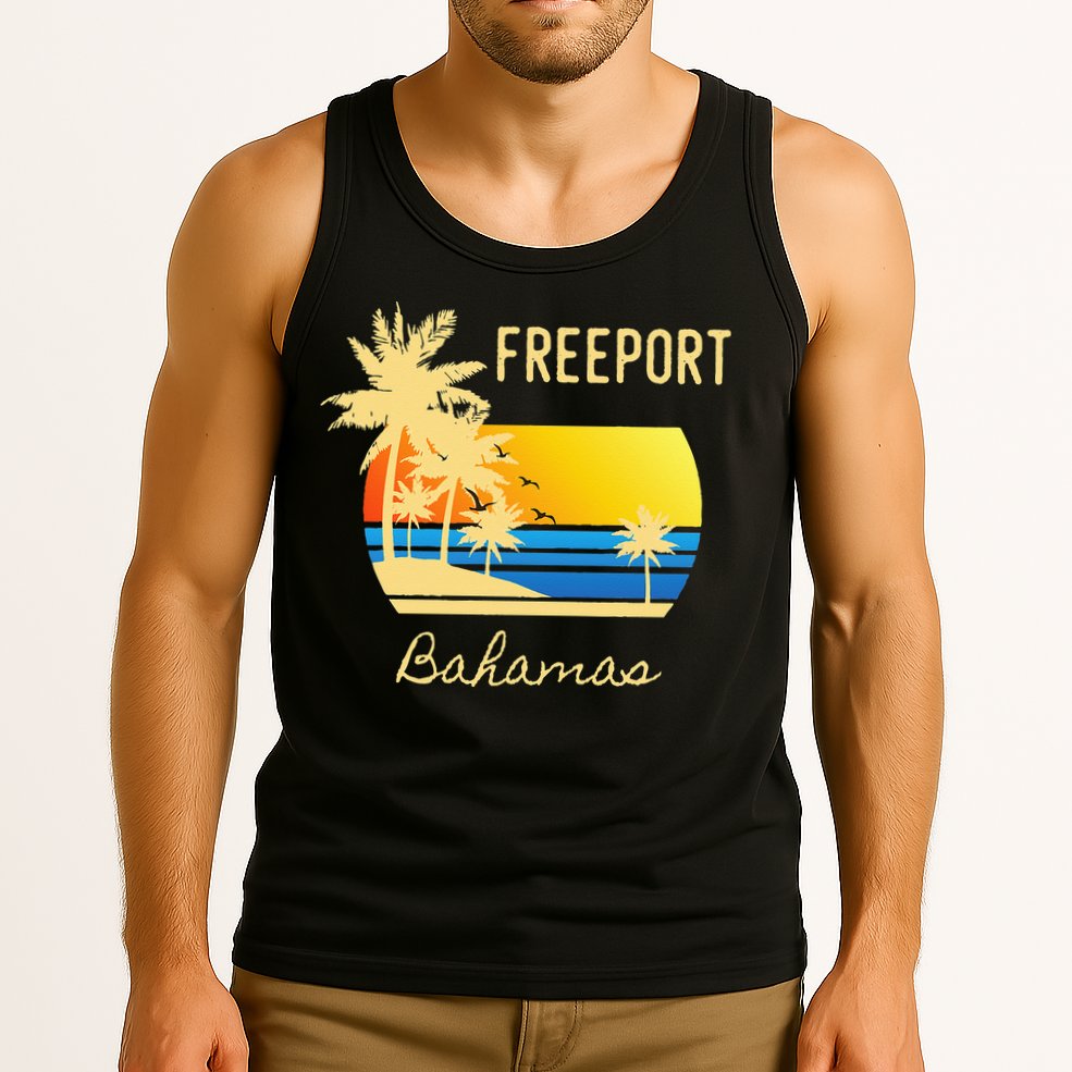 Freeport Bahamas Palm Tree Beach Retro Cool Sunset Surf Tank Top