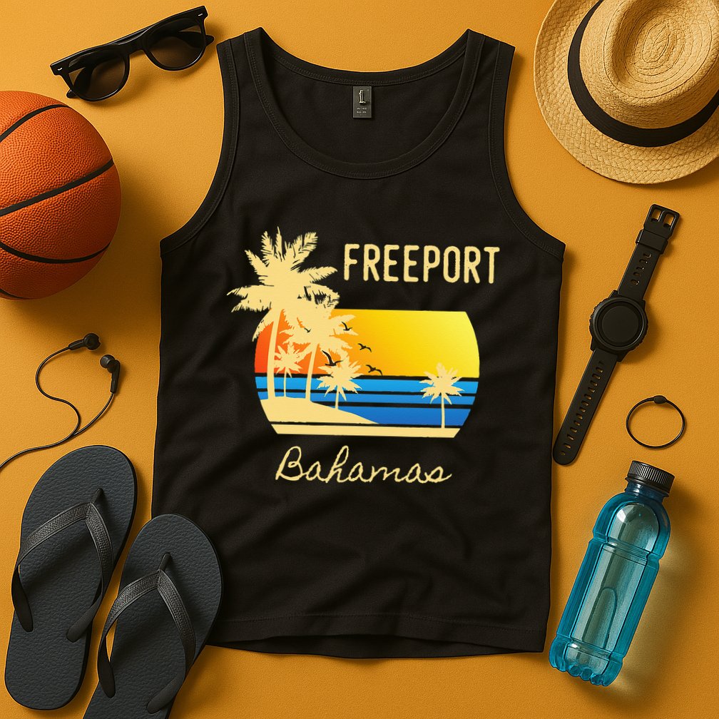 Freeport Bahamas Palm Tree Beach Retro Cool Sunset Surf Tank Top