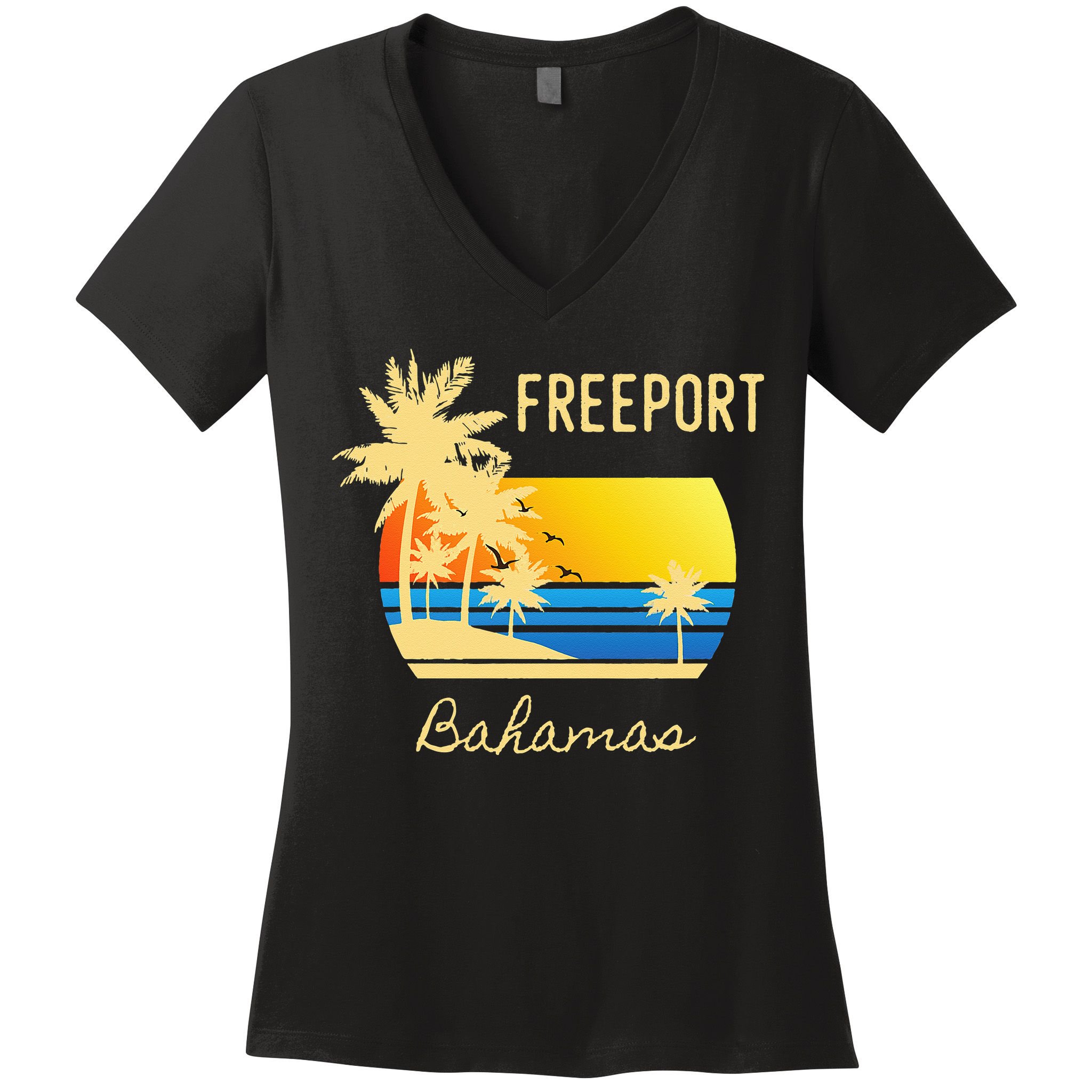 Freeport Bahamas Palm Tree Beach Retro Cool Sunset Surf Women's V-Neck T-Shirt