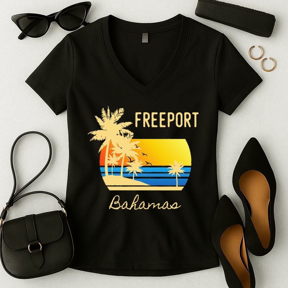 Freeport Bahamas Palm Tree Beach Retro Cool Sunset Surf Women's V-Neck T-Shirt