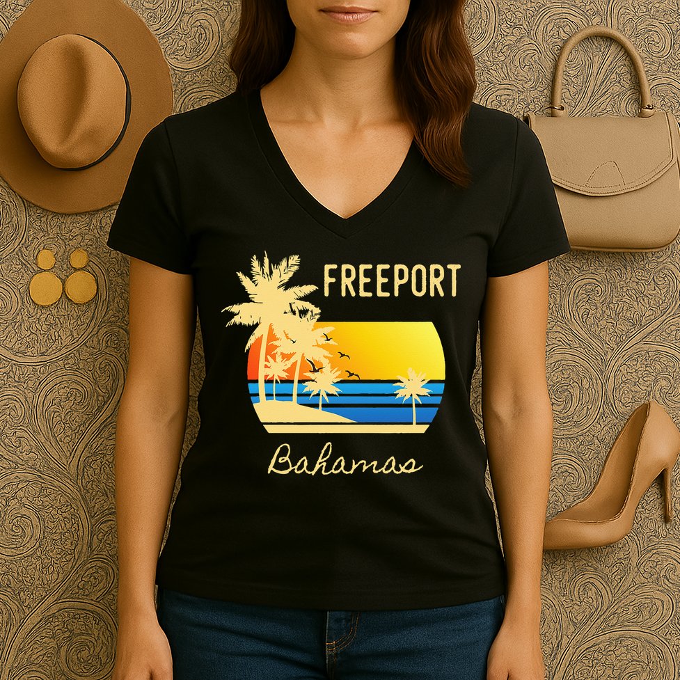 Freeport Bahamas Palm Tree Beach Retro Cool Sunset Surf Women's V-Neck T-Shirt