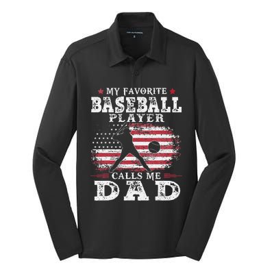 Favorite Baseball Player Calls Me Dad USA Flag Fathers Day Gift Silk Touch Performance Long Sleeve Polo