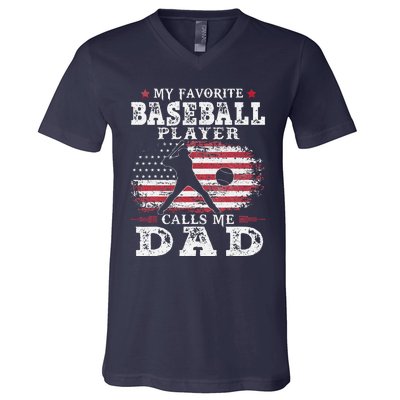 Favorite Baseball Player Calls Me Dad USA Flag Fathers Day Gift V-Neck T-Shirt