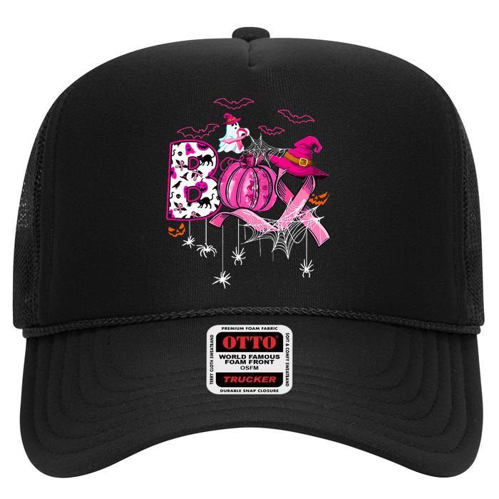 Funny Boo Pumpkin Witch Pink Ribbon Breast Cancer Halloween High Crown Mesh Back Trucker Hat