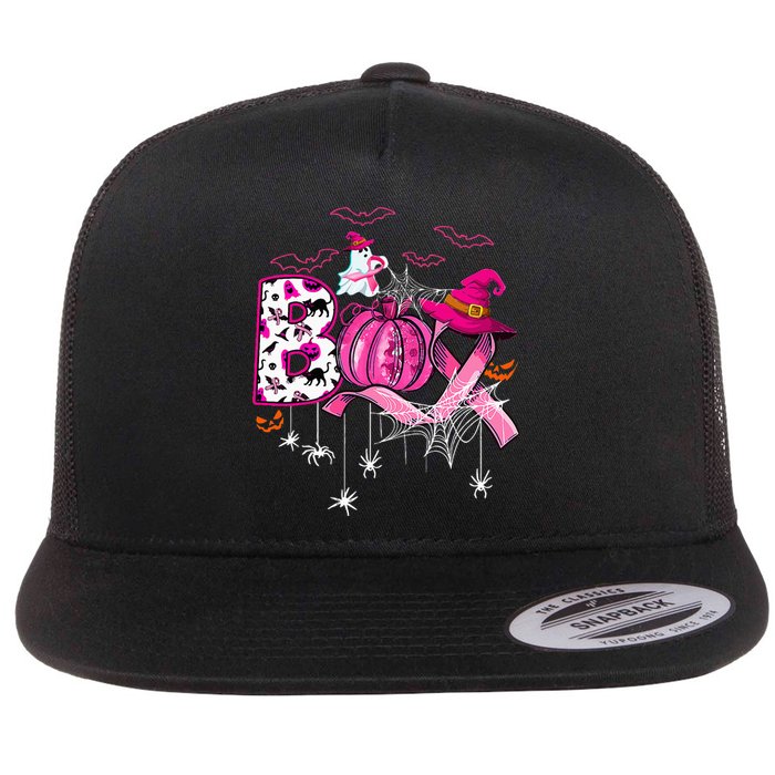 Funny Boo Pumpkin Witch Pink Ribbon Breast Cancer Halloween Flat Bill Trucker Hat