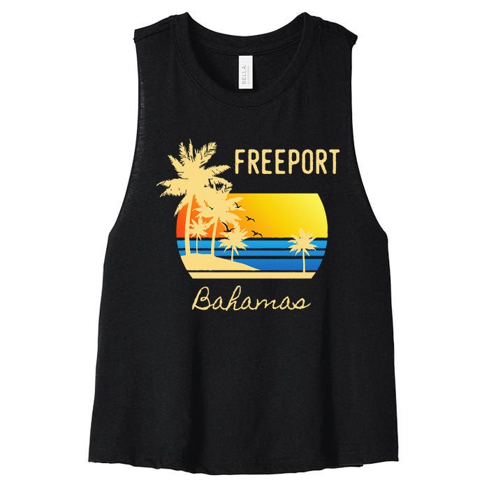 Freeport Bahamas Palm Tree Beach Retro Cool Sunset Surf Women's Racerback Cropped Tank