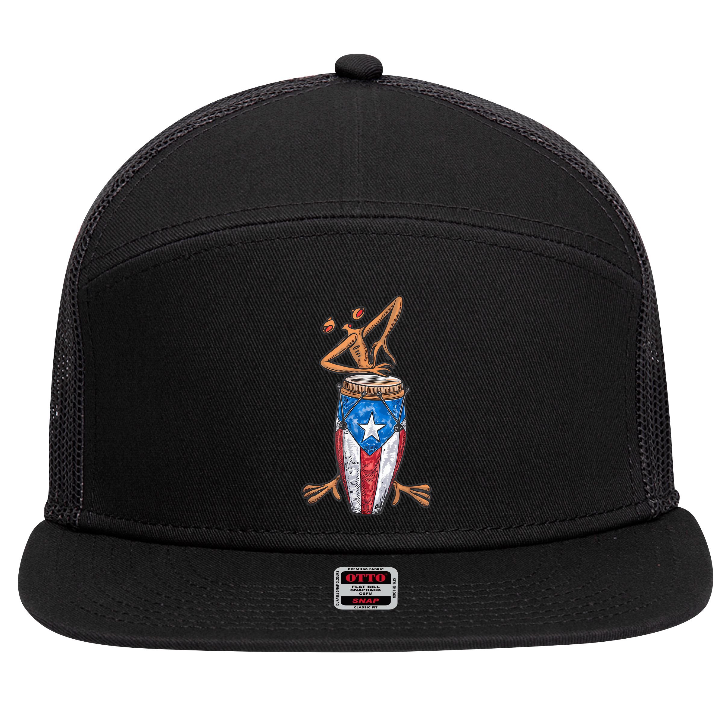 Funny Boricua Puerto Rican Coqui Taino Flag 7 Panel Mesh Trucker Snapback Hat