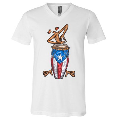 Funny Boricua Puerto Rican Coqui Taino Flag V-Neck T-Shirt