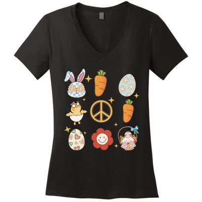 Funny Bunny Peace Floral Egg Women's V-Neck T-Shirt