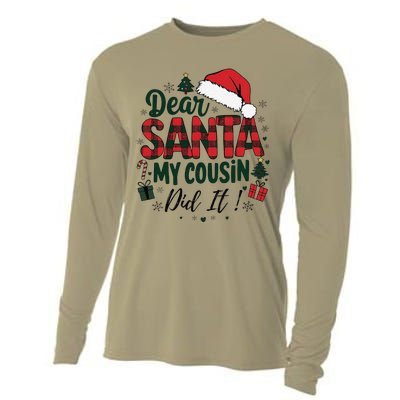 Funny Buffalo Plaid Christmas Dear Santa My Cousin Did It Cooling Performance Long Sleeve Crew