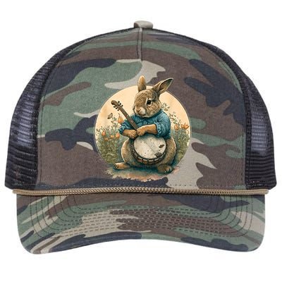 Funny Bunny Playing Banjo Guitar Music Rabbit Happy Easter Retro Rope Trucker Hat Cap