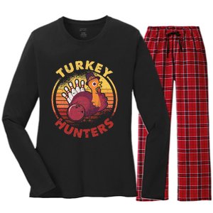 Funny Bowling Player Bowler Team Thanksgiving Turkey Hunters Women's Long Sleeve Flannel Pajama Set 