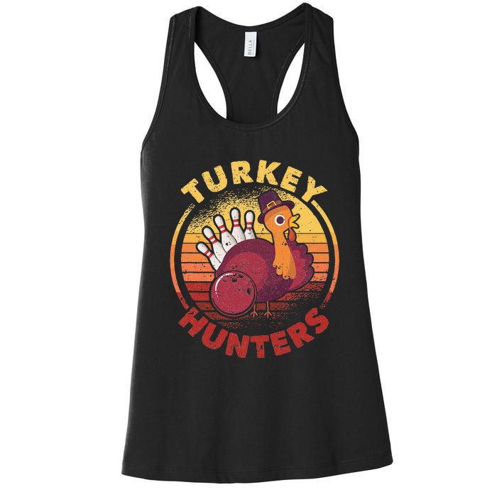 Funny Bowling Player Bowler Team Thanksgiving Turkey Hunters Women's Racerback Tank