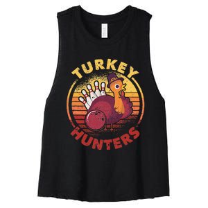 Funny Bowling Player Bowler Team Thanksgiving Turkey Hunters Women's Racerback Cropped Tank