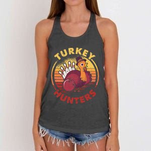 Funny Bowling Player Bowler Team Thanksgiving Turkey Hunters Women's Knotted Racerback Tank